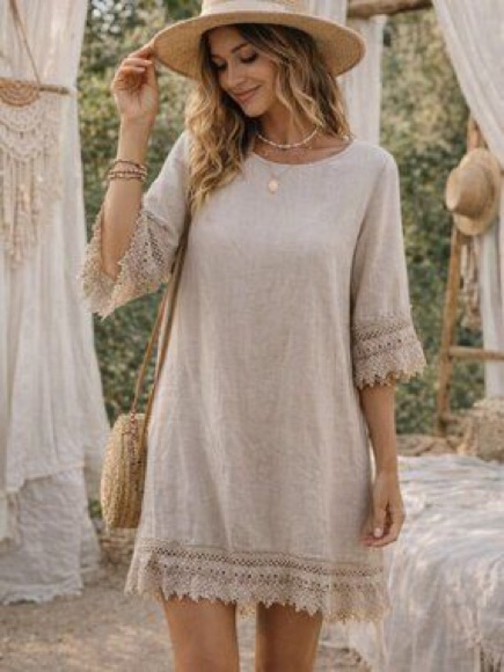 Rosemarine Linen Shift Dress Lightweight 100% Linen 3/4 Sleeves Crochet Lace